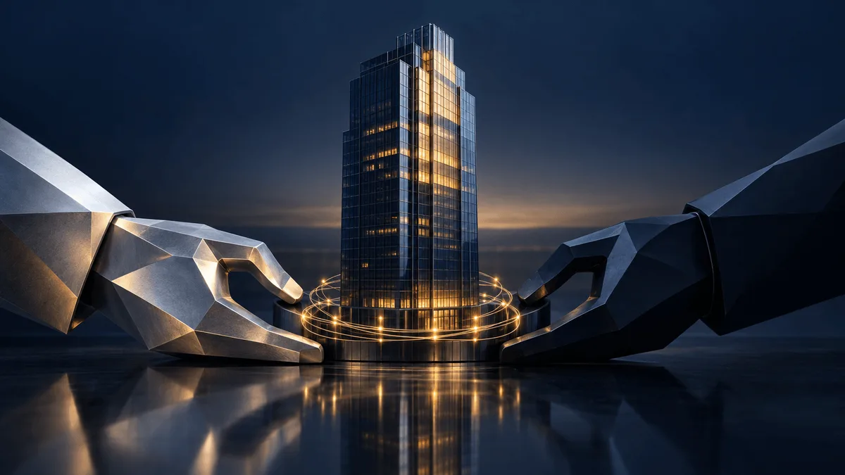Conceptual editorial illustration of a glowing model office tower being flanked by two abstract geometric forms on a dark reflective surface, symbolizing a company's acquisition and move to private ownership.