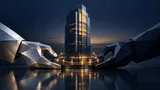 Conceptual editorial illustration of a glowing model office tower being flanked by two abstract geometric forms on a dark reflective surface, symbolizing a company's acquisition and move to private ownership.