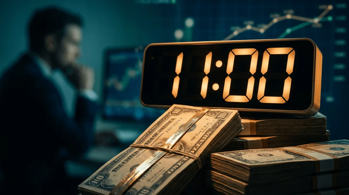 A dramatic close-up of a large digital clock or stopwatch reading "11:00" positioned above stacks of U.S.