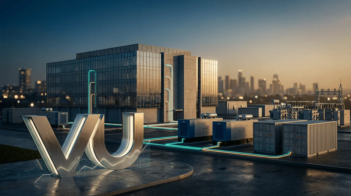 A sleek data center building connected by glowing energy lines to a network of microgrid infrastructure—onsite generators, battery storage units, and switchgear—set against a dusk sky transitioning from blue to amber, symbolizing the bridge