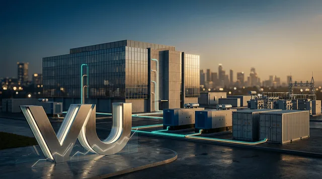 A sleek data center building connected by glowing energy lines to a network of microgrid infrastructure—onsite generators, battery storage units, and switchgear—set against a dusk sky transitioning from blue to amber, symbolizing the bridge
