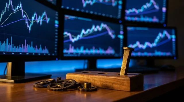 A trader sits at a desk staring at multiple monitors displaying chaotic, conflicting chart patterns, with a square peg visibly being forced into a round hole sitting prominently in the foreground as a symbolic prop. The lighting is dramatic, with the blue glow of the screens illuminating a frustrated expression on the trader's face. This visual metaphor instantly communicates the core idea of mismatching a strategy to the wrong market conditions.