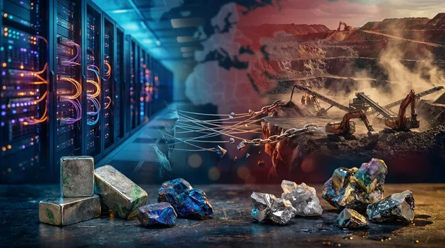 A dramatic split-scene image showing a glowing circuit board or AI data center on one side, with raw mining operations or mineral ore deposits on the other, connected by a visual tension that highlights their dependency.