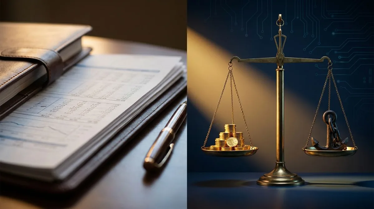 A split-screen style composition showing a polished corporate balance sheet document on one side, with bold financial figures and clean rows, contrasted against a dramatic visual metaphor of a scale or weighing balance on the other side — s