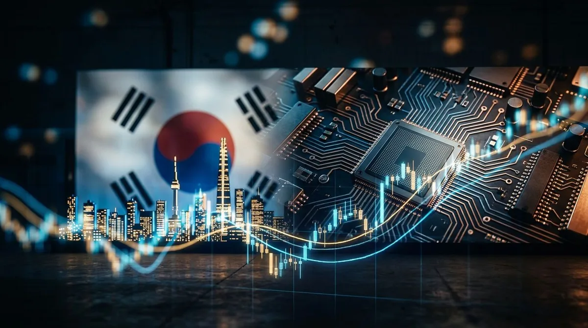 A split-composition image showing a glowing South Korean flag or Seoul skyline on one side seamlessly merging into a dense circuit board or semiconductor chip pattern on the other, symbolizing the fusion of emerging markets with AI technolo