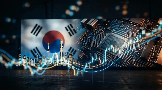 A split-composition image showing a glowing South Korean flag or Seoul skyline on one side seamlessly merging into a dense circuit board or semiconductor chip pattern on the other, symbolizing the fusion of emerging markets with AI technolo