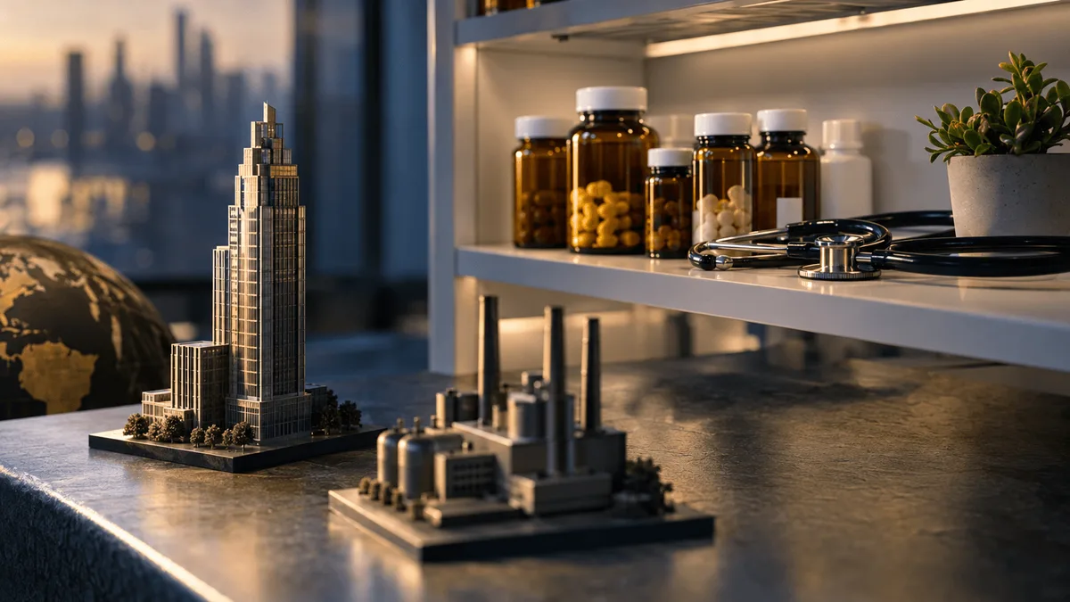 A sterile white pharmacy shelf holds neat rows of amber medicine bottles and a stethoscope coiled beside a small potted succulent, lit by soft overhead light.