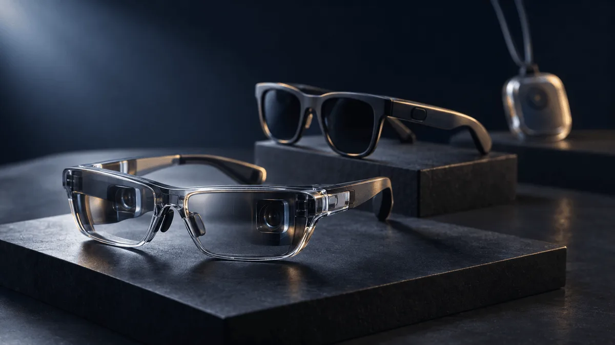 Studio product photograph of translucent VR glasses, slim audio eyewear, and a pendant device on a lanyard arranged on a dark surface with soft studio lighting.