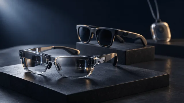 Studio product photograph of translucent VR glasses, slim audio eyewear, and a pendant device on a lanyard arranged on a dark surface with soft studio lighting.