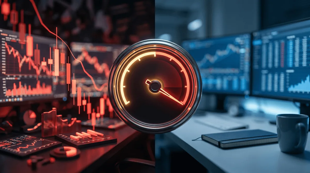 A dramatic split-screen composition showing a chaotic stock market crash on one side — with plummeting red candlestick charts and a spiking volatility graph — contrasted against a calm, calculated trader studying screens on the other side.