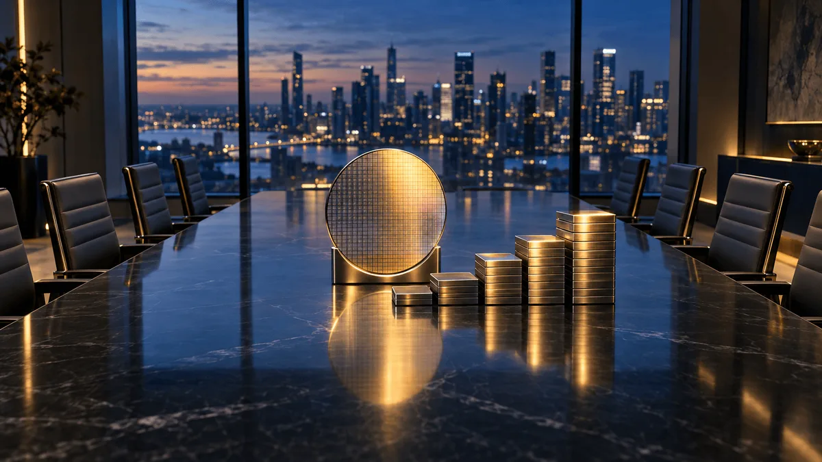A boardroom table reflecting city lights at dusk, with a silicon wafer centered on a stand surrounded by ascending stacks of polished metal plates, symbolizing corporate capital strength.