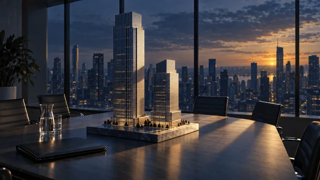 Two architectural scale models of a corporate tower, one taller and one shorter, placed side by side on a boardroom table overlooking a city skyline at dusk.
