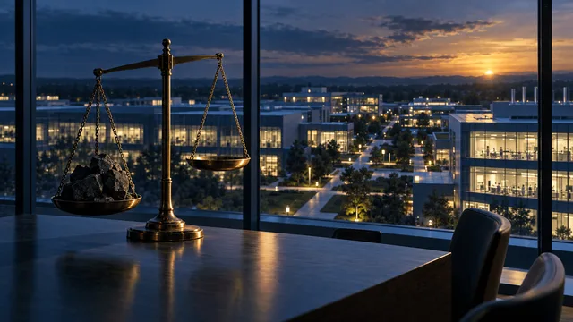 Editorial illustration of a balance scale on a boardroom table, one side weighed down in shadow and the other raised in warm light, overlooking a glowing pharmaceutical campus at dusk.
