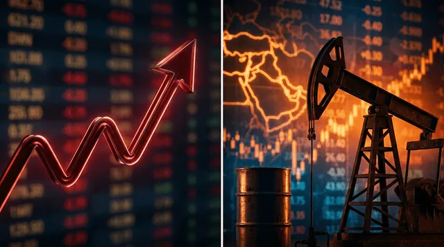 A split-composition image with a sharply rising red arrow or line graph on one side representing surging Treasury yields, and an oil pump jack or barrel silhouette on the other side against a backdrop of a stock ticker or financial chart.