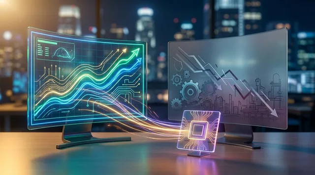 A split-screen financial scene showing two contrasting market trajectories: a glowing, upward-trending Nasdaq screen bathed in electric blue and green light representing the AI surge, set against a muted, slightly declining Dow Jones ticker
