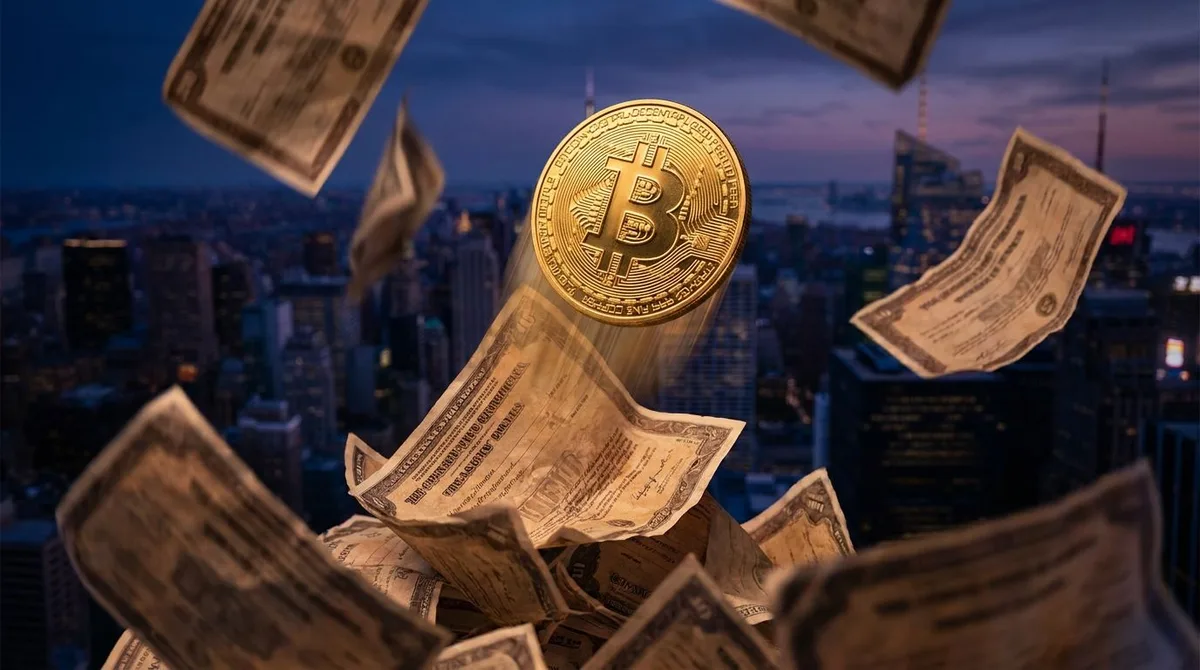 A dramatic upward-shooting Bitcoin symbol or gold coin bursting through a cascade of falling government bond certificates or treasury documents, set against a dark financial backdrop.