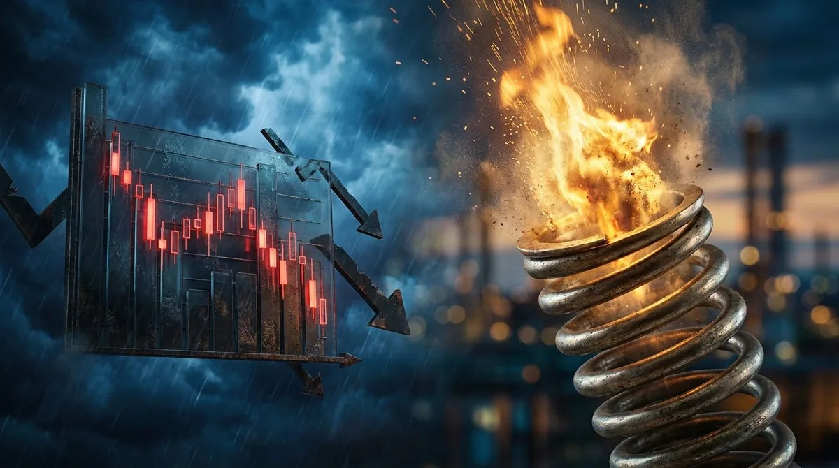 A dramatic split-scene image showing a dark, stormy financial chart with a sharp downward trend on one side, while on the other side a coiled spring or compressed flame bursts upward with explosive energy. The contrast between the bearish red candlestick patterns and the igniting fire symbolizes hidden buying pressure building beneath the surface of a market selloff. The overall mood is tense and electric, suggesting something powerful is about to be unleashed.
