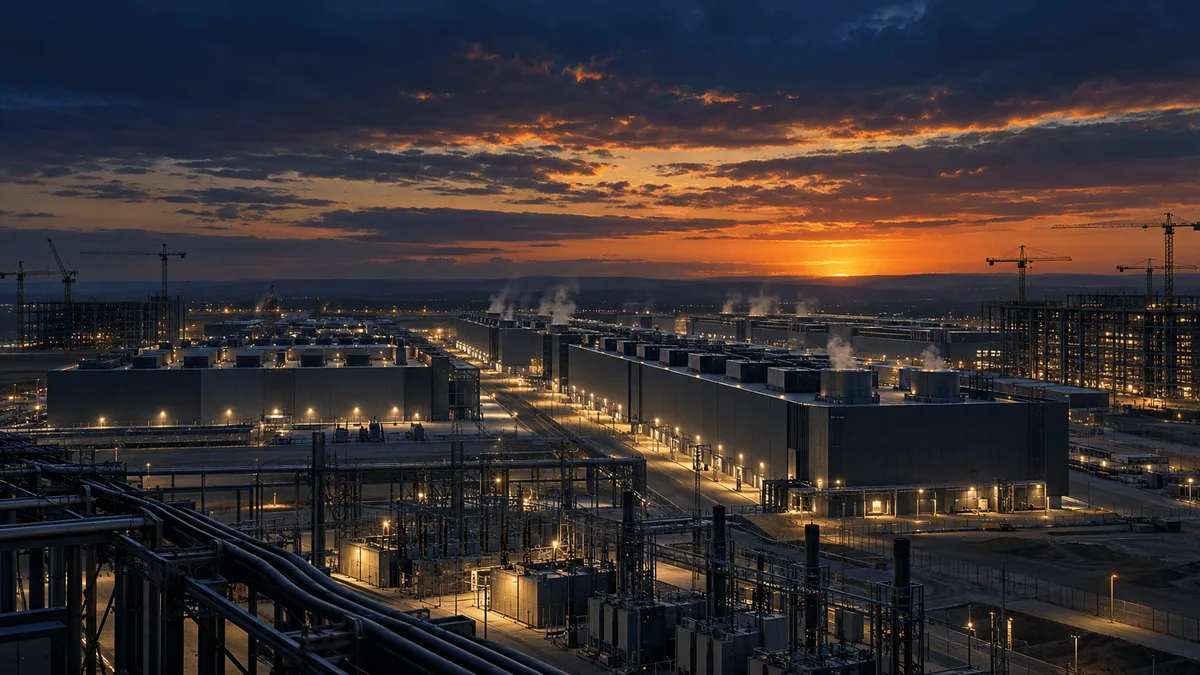 A sprawling data center complex at dusk, with server buildings, cooling towers, and construction cranes under a dramatic darkening sky, evoking large-scale infrastructure investment.