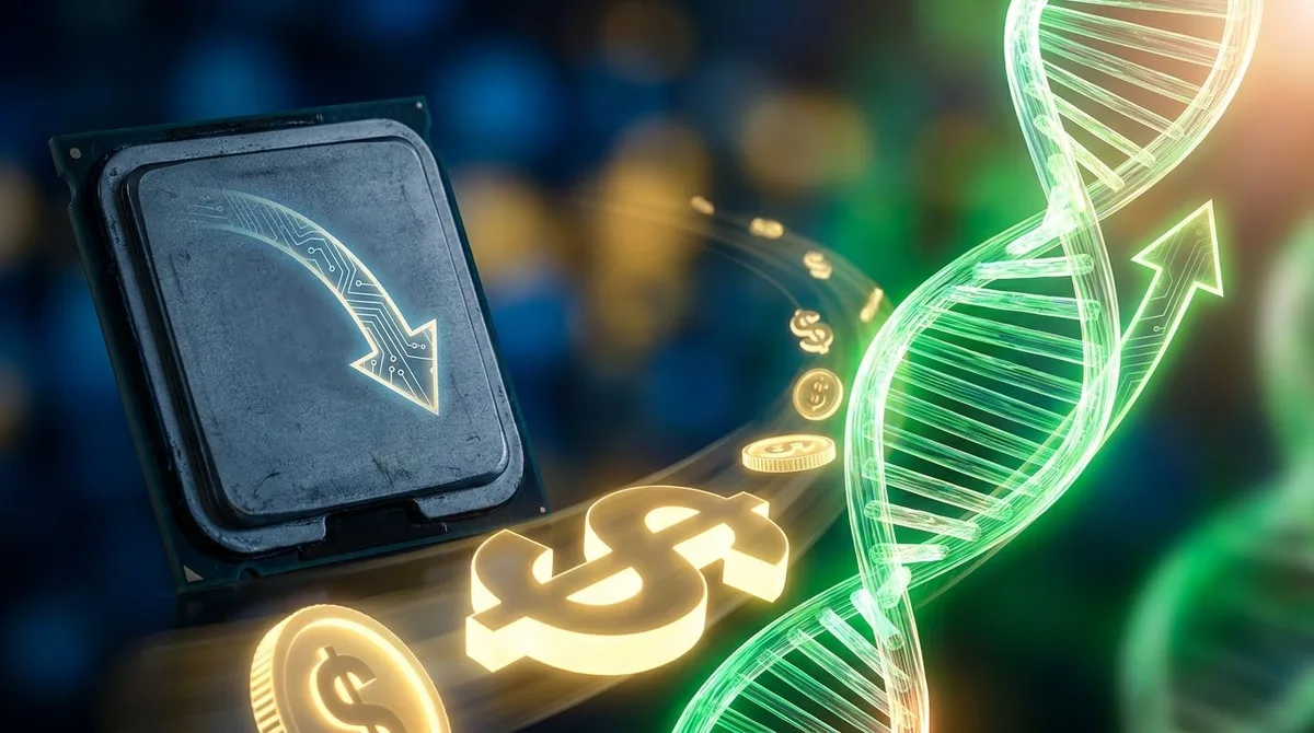 A dramatic split-scene image showing a downward-trending semiconductor chip on one side and a surging upward arrow or DNA helix in vibrant green on the other, symbolizing capital flowing from one sector to another.