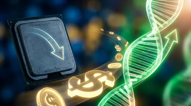 A dramatic split-scene image showing a downward-trending semiconductor chip on one side and a surging upward arrow or DNA helix in vibrant green on the other, symbolizing capital flowing from one sector to another.