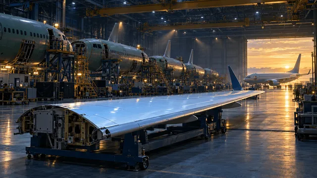 A wide aircraft assembly hangar with rows of unfinished 737 fuselages on jigs, a large detached wing resting in the foreground under工 factory lights, and one completed jet glowing in distant golden light from an open hangar door.