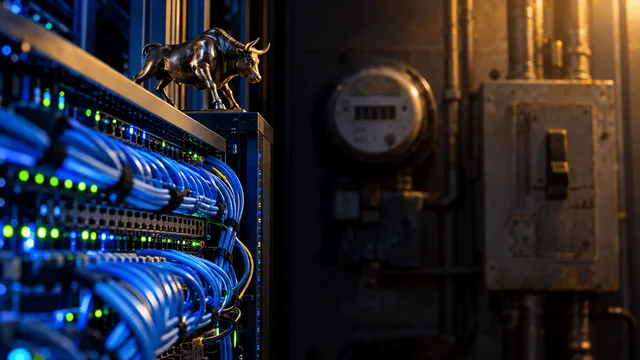 A gleaming server-room cable rack sits brightly lit in the foreground, glowing blue and green status LEDs rippling along its switches, while in the soft-focus background a darkened, dust-covered power meter and an idle industrial breaker bo