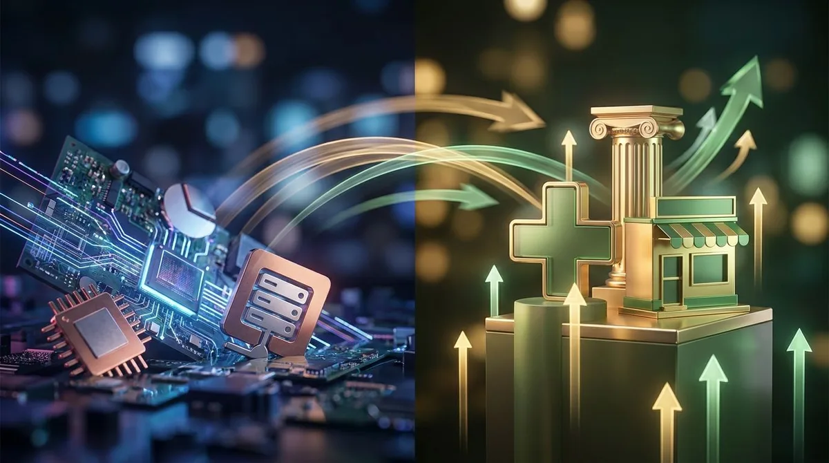 A split-screen financial visualization shows technology sector symbols and circuit-board aesthetics fading or sinking on one side, while bold icons representing healthcare (a medical cross), banking (a classical column building), and retail