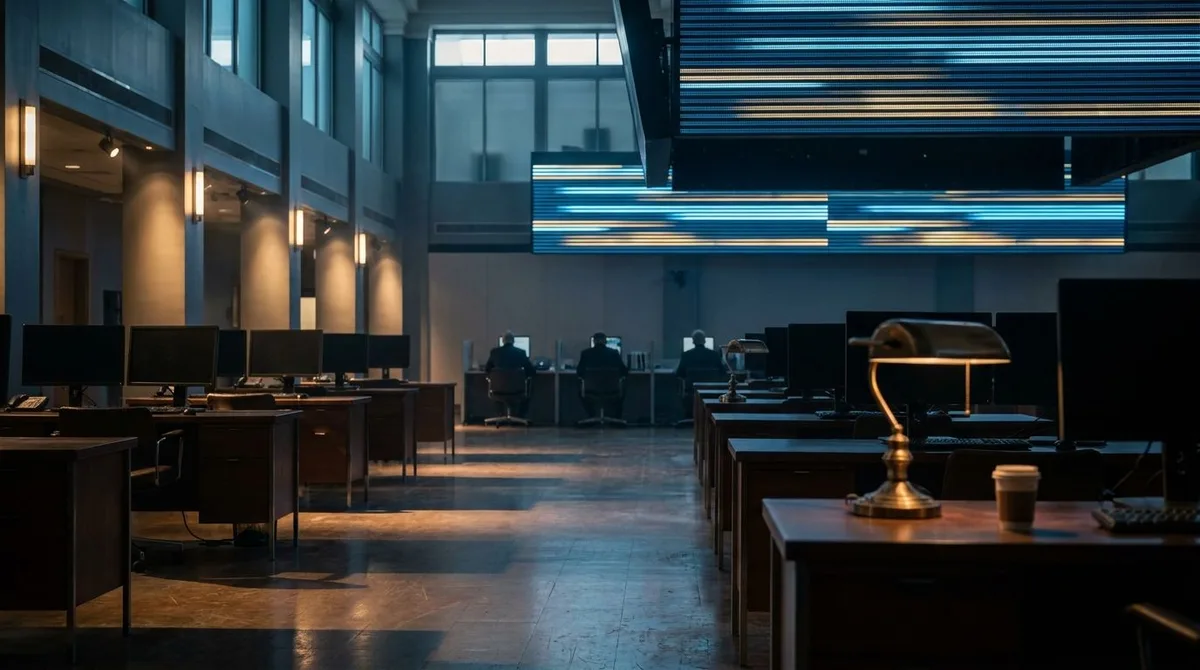 A dramatic wide-angle shot of a nearly empty stock exchange trading floor bathed in muted blue-gray light, with just a handful of traders sitting motionless at their terminals, conveying stillness and anticipation.