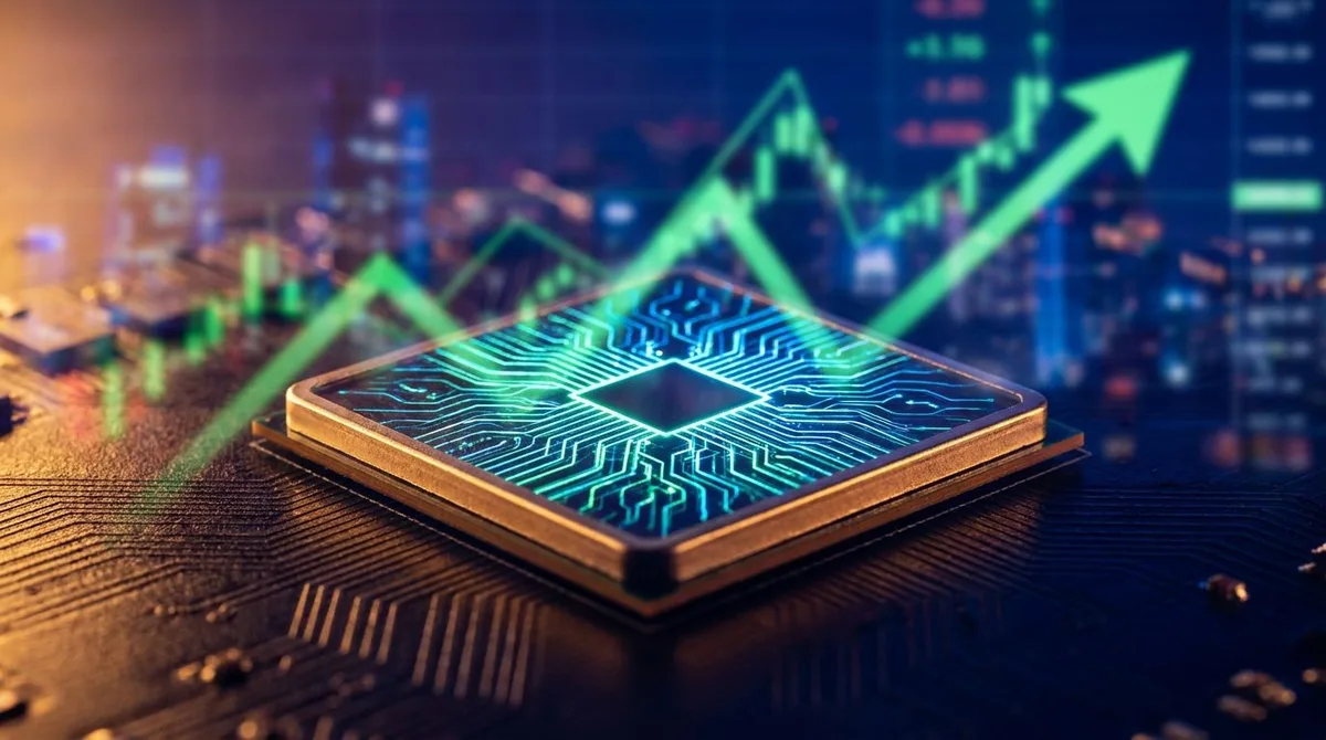 A dynamic close-up of a glowing semiconductor microchip with intricate circuit patterns illuminated in electric blue and green light, symbolizing the surge in chip stocks.