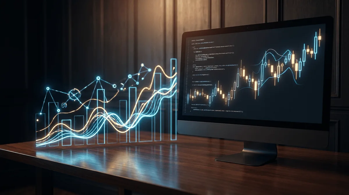 A sleek, dark-themed computer screen displays flowing lines of Python code alongside glowing candlestick charts and algorithmic trading graphs, evoking a high-tech quantitative research environment.