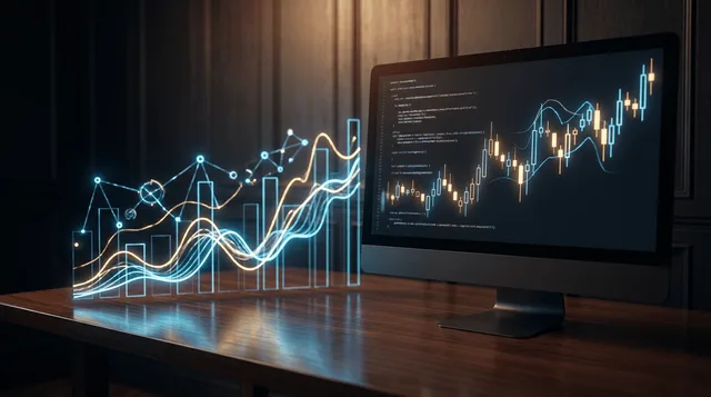 A sleek, dark-themed computer screen displays flowing lines of Python code alongside glowing candlestick charts and algorithmic trading graphs, evoking a high-tech quantitative research environment.