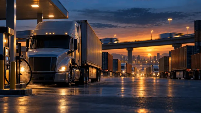 Wide dusk highway scene of intermodal trucks and stacked shipping containers near a logistics yard, with one truck refueling in the foreground, symbolizing rising freight costs amid strong demand.