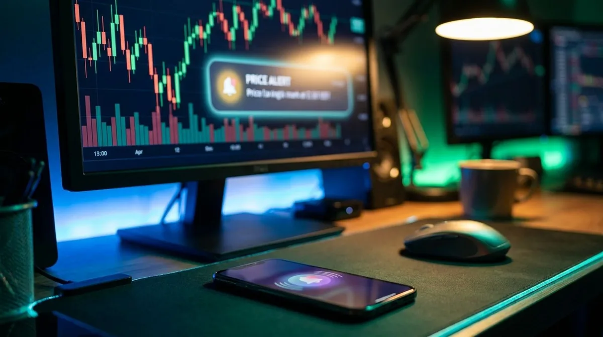 A close-up of a trading monitor displaying colorful candlestick charts with a glowing price alert notification bubble prominently highlighted on screen.