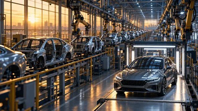 Elevated view of an automotive manufacturing plant at dusk, with vehicle bodies on an overhead conveyor and a spotlighted finished car body in the foreground, evoking industrial scale and operational strength.