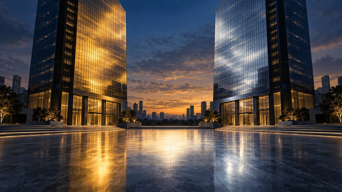 Two glass office towers reflecting gold and silver light that merge into a single pool of light on a marble plaza between them, symbolizing a financial merger.