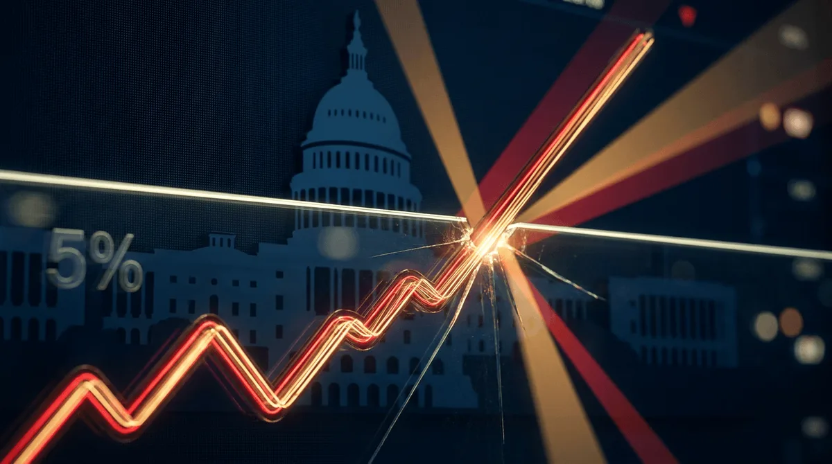 A dramatic upward-arcing line graph glowing in red and gold, breaking through a bold "5%" threshold marker against a dark navy background evoking financial data screens.
