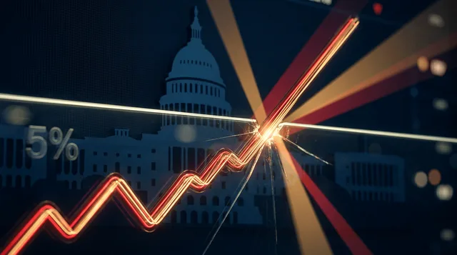 A dramatic upward-arcing line graph glowing in red and gold, breaking through a bold "5%" threshold marker against a dark navy background evoking financial data screens.