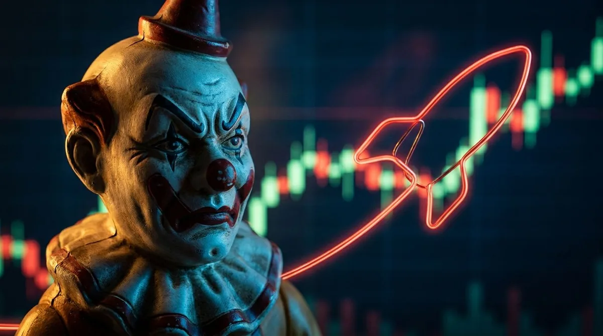 A dramatic close-up of a Jack in the Box clown mascot figure with an intense, almost menacing expression, lit with sharp contrast lighting that gives it a high-stakes, electric atmosphere.