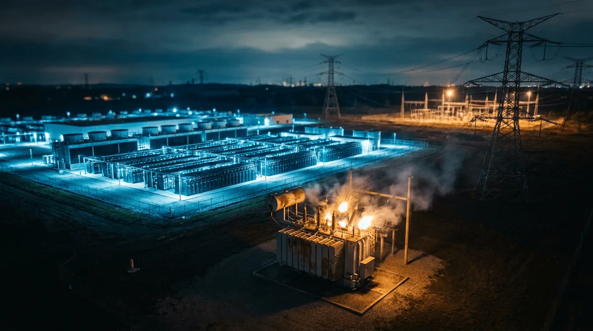 A dramatic aerial view of a massive, glowing data center complex at night, its rows of servers and cooling systems illuminated in electric blue, while high-voltage transmission towers and power lines stretch across a darkened landscape towa