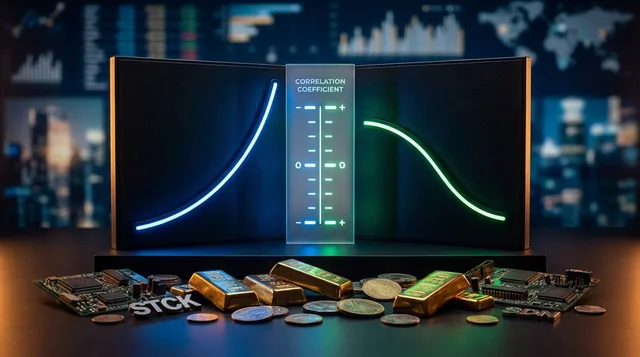 A split-screen visualization shows two contrasting stock chart lines — one soaring while the other dips — connected by a glowing correlation coefficient scale ranging from negative to positive, rendered in sleek blues and greens against a d