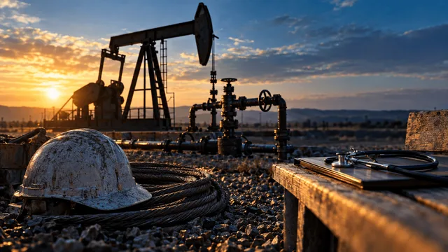 A sunlit industrial scene: a steel oil pump jack silhouetted against a dawn sky, its pipeline fittings glinting with dew, stands beside a weathered hard hat and a coil of thick cable resting on gravel.
