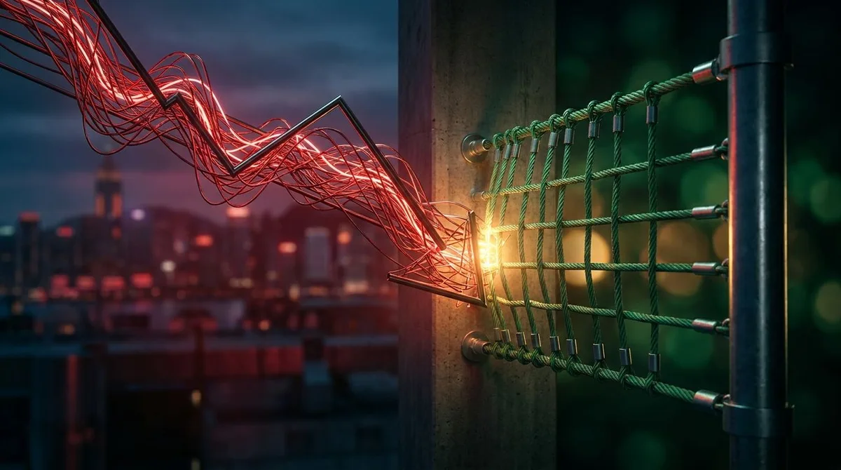 A dramatic split-scene showing a stock chart with a sharp downward plunge on one side, with a bold safety net or barrier visually catching the falling line before it reaches the bottom.
