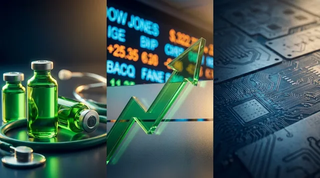 A split-screen composition showing an upward-surging green arrow or stock chart line breaking through a record high level, with a bold Dow Jones ticker display glowing in the background.