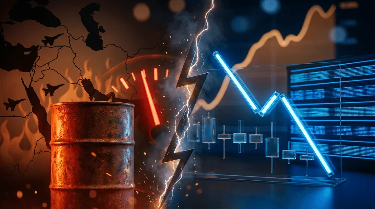 A dramatic split-screen composition: on one side, a fiery orange-red oil barrel or crude gauge needle spiking upward against a Middle East map silhouette with subtle military aircraft or flame motifs suggesting conflict; on the other side,