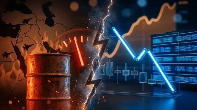 A dramatic split-screen composition: on one side, a fiery orange-red oil barrel or crude gauge needle spiking upward against a Middle East map silhouette with subtle military aircraft or flame motifs suggesting conflict; on the other side,