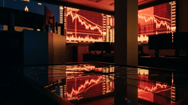 A dramatic wide-angle shot of a stock market trading floor or digital ticker board bathed in deep red light, with glowing downward-trending graph lines cascading across multiple screens.