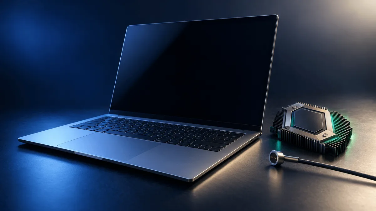 A premium open laptop on a dark studio surface beside a stylized chip component glowing faintly green, with a detached magnetic charging connector nearby, evoking advanced on-device AI hardware.