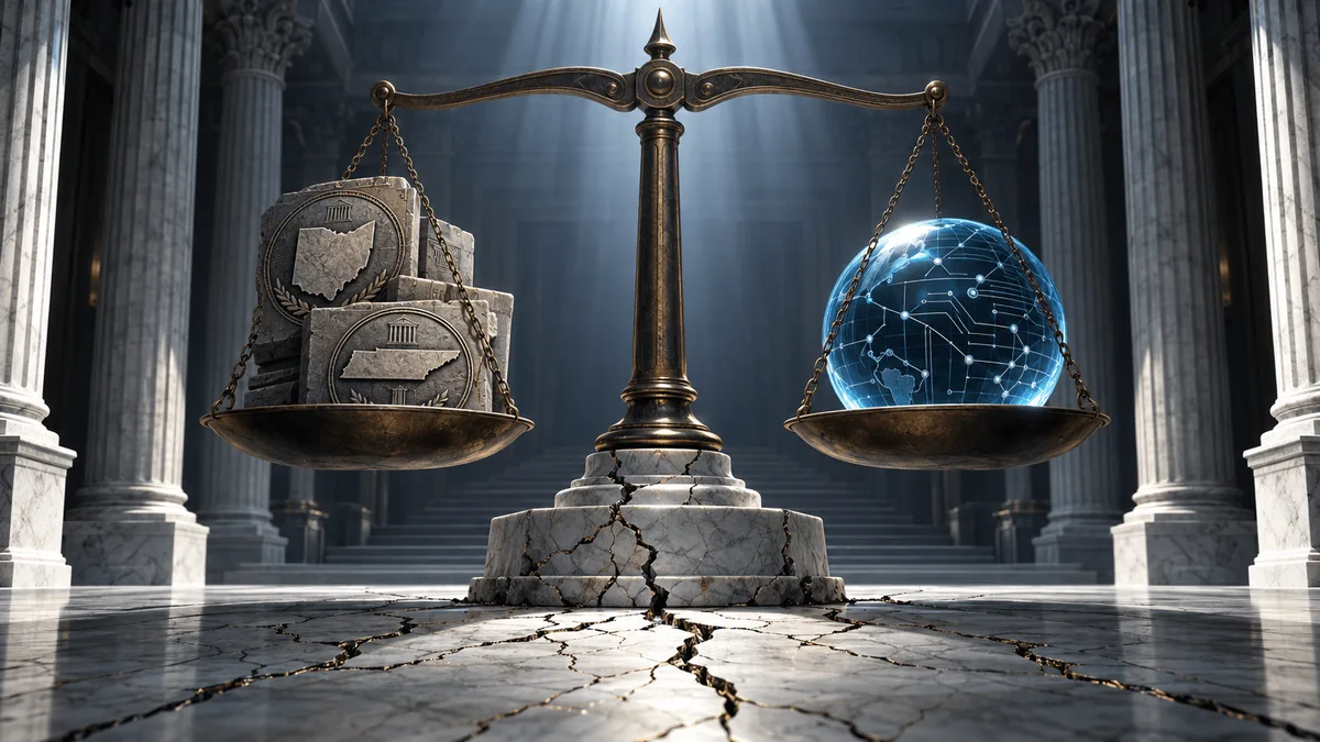 Editorial illustration of a large stone-and-bronze judicial scale balancing engraved state-seal tablets against a glass sphere etched with circuit-like lines, set in a cracked marble courtroom hall, symbolizing the legal conflict between state authority and a digital trading platform.