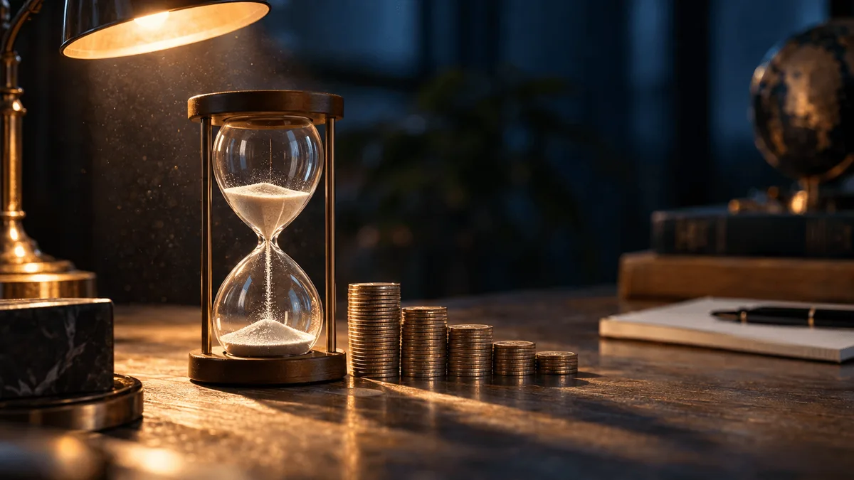 An hourglass with fine white sand rests on a weathered wooden desk beside a neat stack of coins arranged in a diminishing staircase pattern, lit by a single warm desk lamp casting a long shadow.