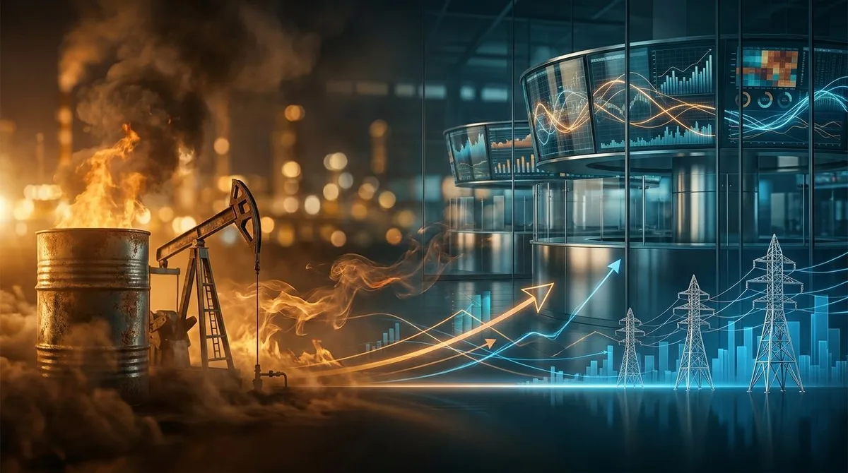 A dramatic split-scene composition showing an oil derrick or barrel with flames/rising smoke on one side, casting a warm orange glow that transitions into a stock market trading floor or financial chart display on the other side.
